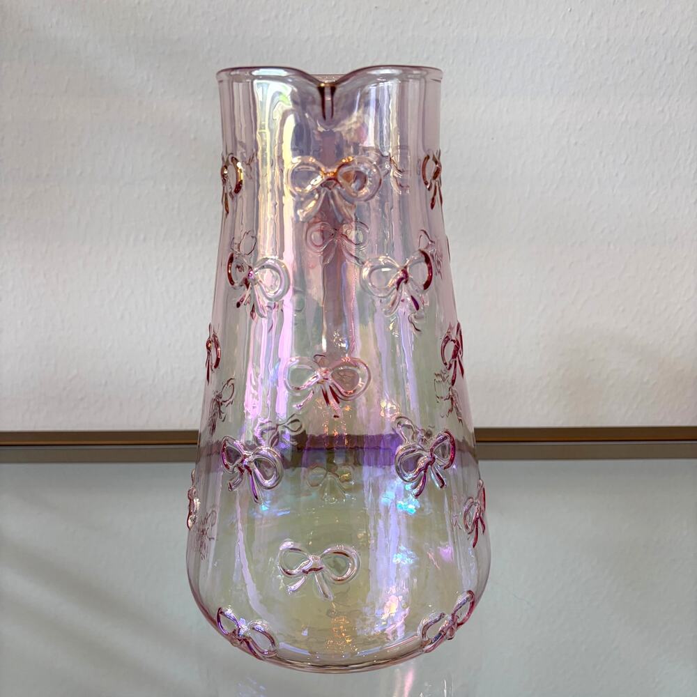 BellaLux Embossed Bow PINK Luster Glass Pitcher 9.25in Chic Barware NEW - Picture 4 of 11